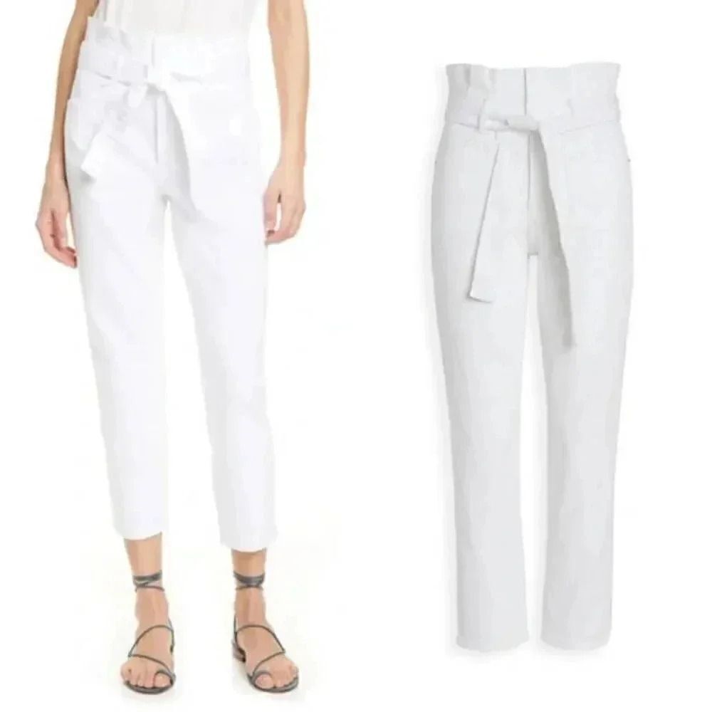 Frame belted pleated pegged white jeans 30